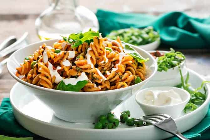 Fusilli with Spinach and Peas in Creamy Tomato Sauce