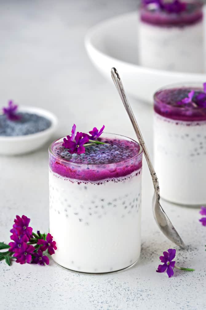 Lemongrass pannacotta with Basil seeds and Jamun Sauce