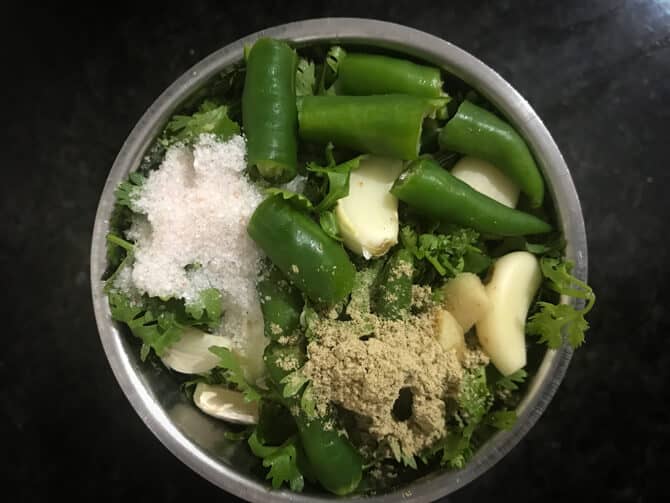 Ingredients added in blender to make green chutney recipe