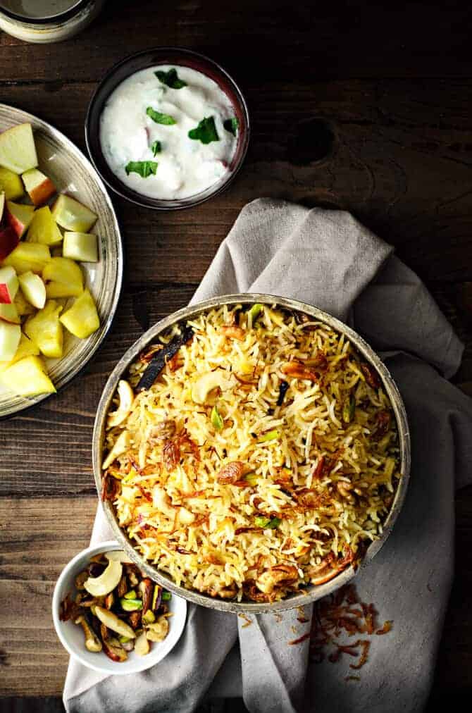 Veg Kashmiri Pulao recipe, Kashmiri veg pulao, pulao with fruits and nuts.