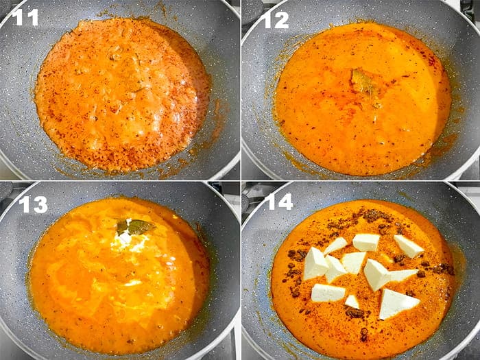 Step by Step picture collage of making of paneer butter masala gravy in pan on stove top.