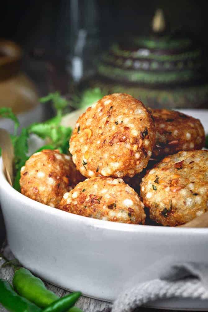 Close Up Shot of Sabudana Vada served in white bowl