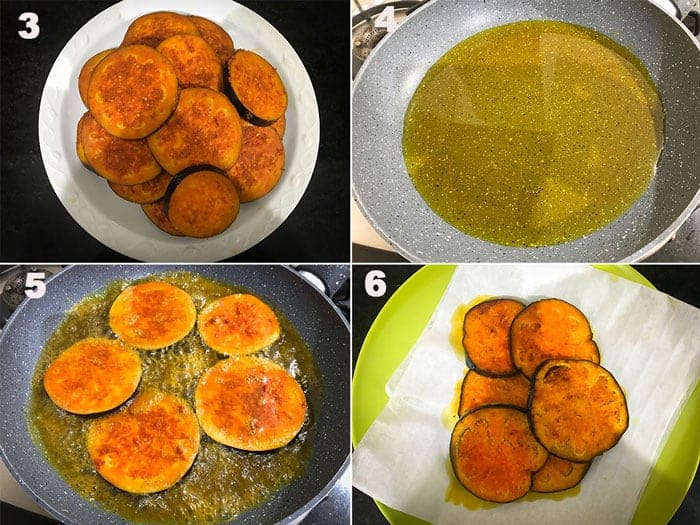 Steps for the making of Bengali begun bhaja recipe (tawa baingan fry)