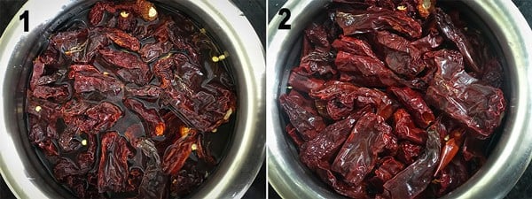 Hot water added over the dried chilies in a bowl.