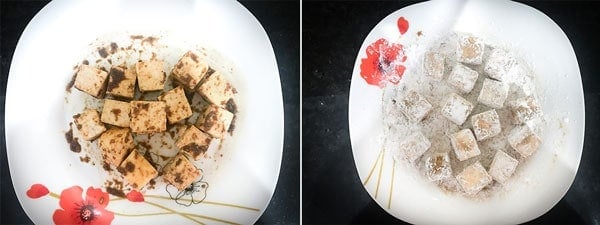 Coating the paneer cubes with sauces and flour for the making of chilli paneer.