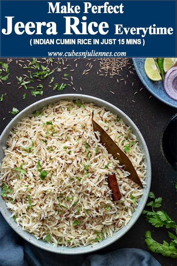 Jeera rice is an extremely easy and simple delicately spiced Indian style rice dish flavoured with cumin seeds. Make perfectly cooked fluffy Jeera Rice each time, just like restaurant and dhabas. A quick side dish to gravy or any Indian curries of your choice. Here's how to make this cumin rice step by step in just 15 minutes. #vegetarian #glutenfree #traditional #recipe