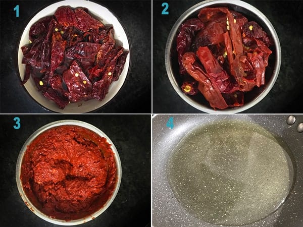Step by step picture collage showing how to make red chili paste recipe.