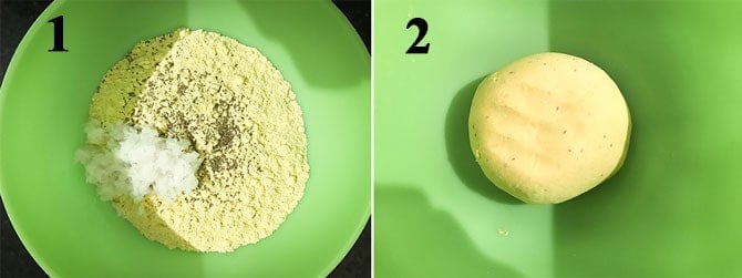 Makki ka atta, carom seeds, grated radish and water added into a bowl and kneaded into soft dough