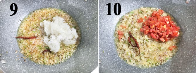 First, grated radish and then chopped tomato added in the pan