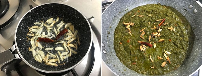 Prepared Tadka of garlic and red chilies in ghee poured over the sarson ka saag