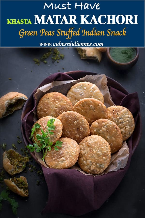 Matar Kachori (Peas kachori) is delicious North Indian snack of crispy and flaky deep fried pastry stuffed with tangy, spicy #green peas filling. A true winter appetizer, a best companion with cup of hot masala chai. This khasta matar ki kachori has all the crunch and flavour to hit the right spots. #vegan #indian #streetfood #snacks #recipe