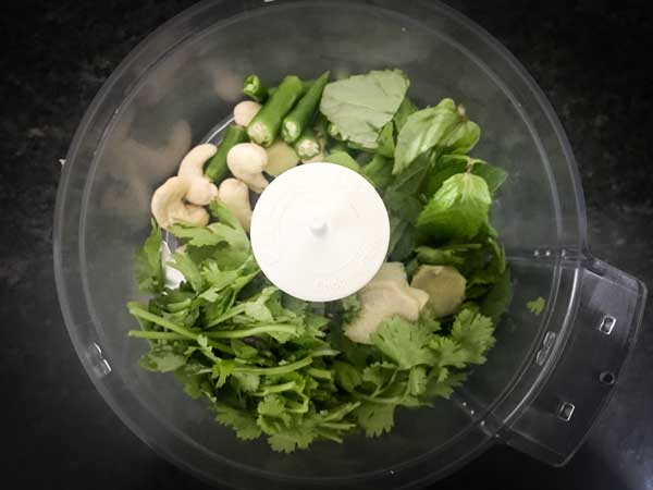 Cashew nuts, coriander leaves, mint leaves chillies, ginger added in blender