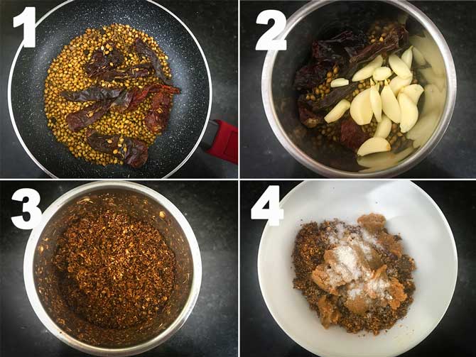 Step by Step collage for the making of stuffing for bharwa mirchi fry recipe