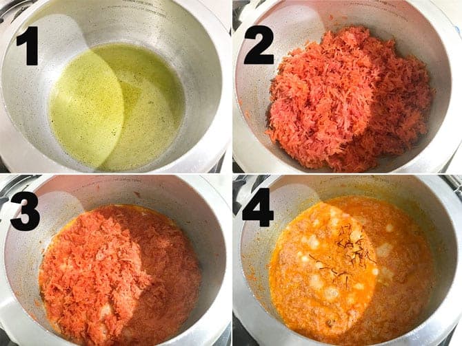 Step by Step picture collage of making Carrot halwa in  pressure cooker.