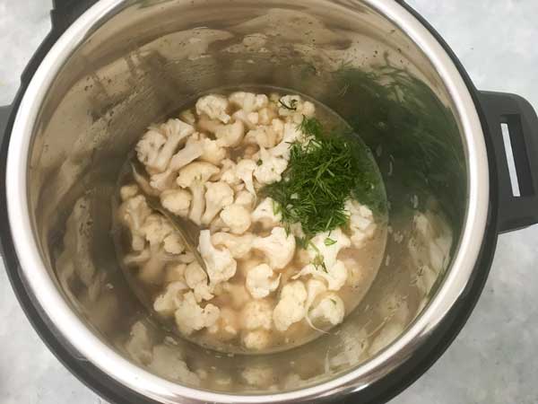 Vegetable stock, salt, dill leaves and bay leaf added in the instant pot