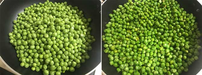 Fresh green peas cooking in pan with hot ghee for the making of matar paratha recipe