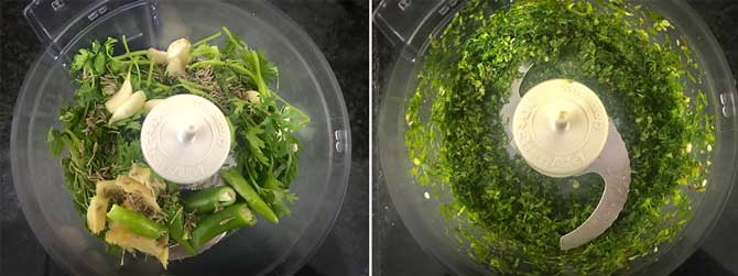 Coriander leaves , ginger, garlic, green chilies, cumin seeds added to blender to make a coarse paste