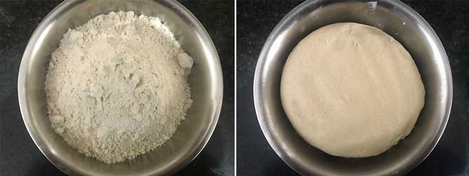 Whole wheat flour, salt and water added in bowl to make a dough.
