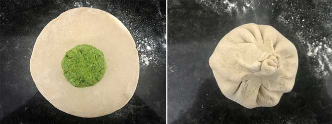 Peas mixture ball placed in the centre of the rolled disc and sealed