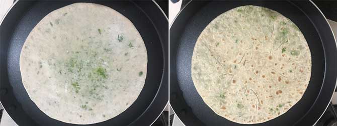 Matar paratha aka peas paratha cooking on flat griddle or tawa