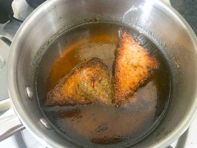 Fried bread slices dipped in sugar syrup for Hyderabadi Shahi Tukra Recipe