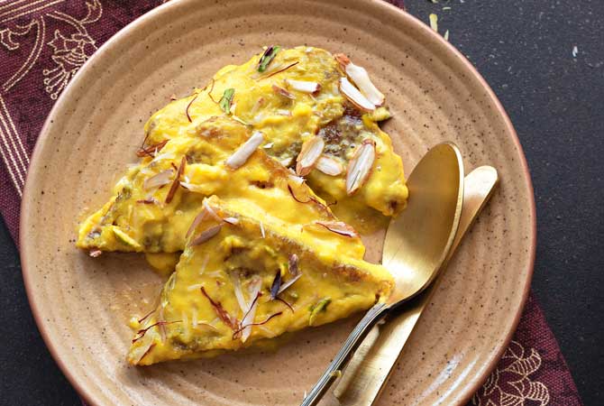 Hyderabadi shahi tukda assembled on a plate