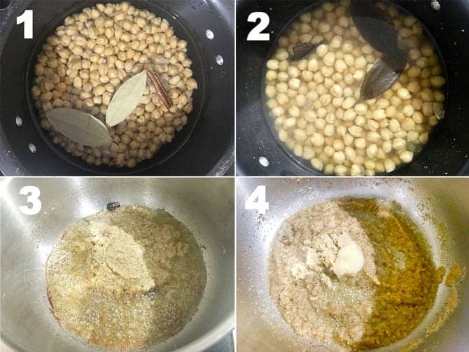 Step by step process to make Chana Masala recipe in pressure cooker on stove top.