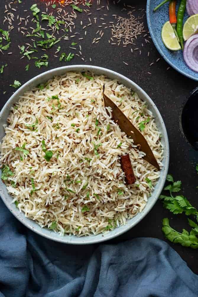 Close up shot of Jeera Rice served in bowl