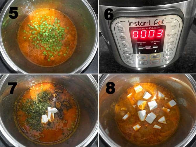 Step by Step collage process of making matar paneer in Instant Pot.