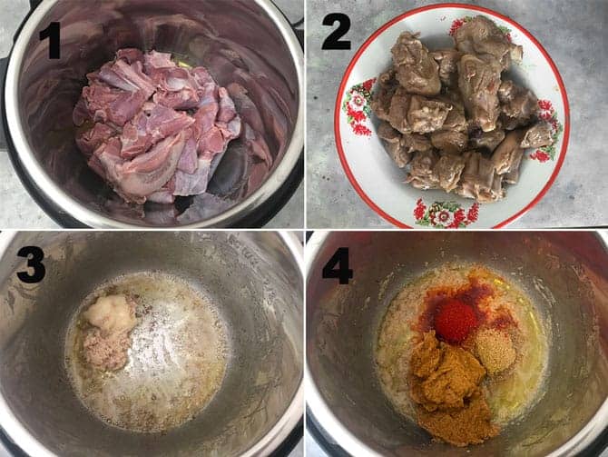 Step by step collage for the making of mutton korma recipe in Instant Pot.