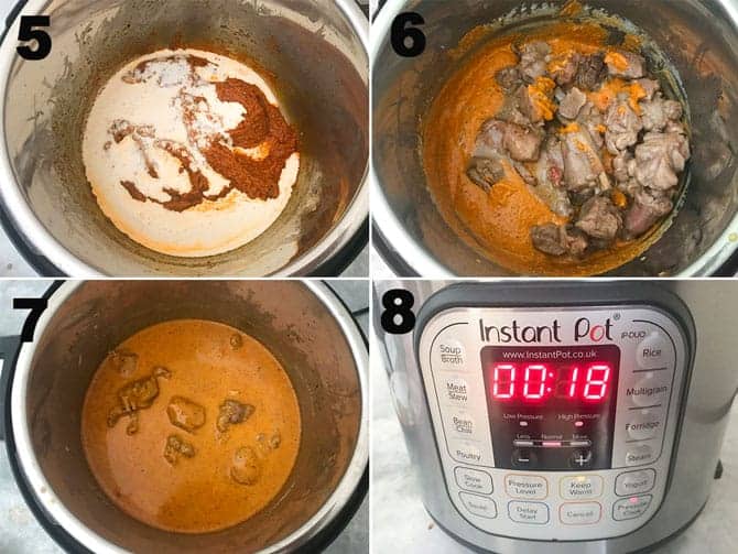 Step by step collage for the making of instant pot mutton korma recipe.