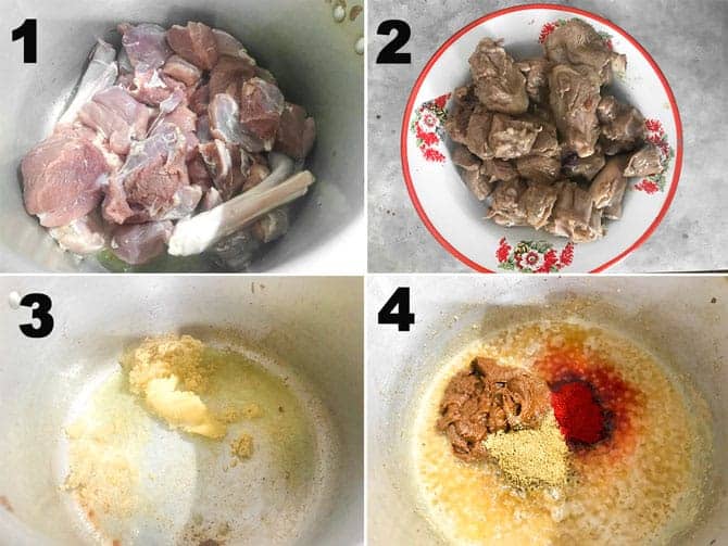 Step by step collage for the making of mutton korma recipe or lamb korma.