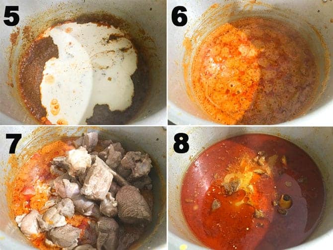 Step by step collage for the making of mutton korma recipe or lamb korma.