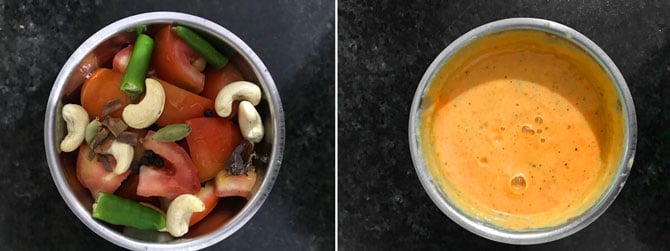 Step by step collage process to make tomato cashew nut masala paste.