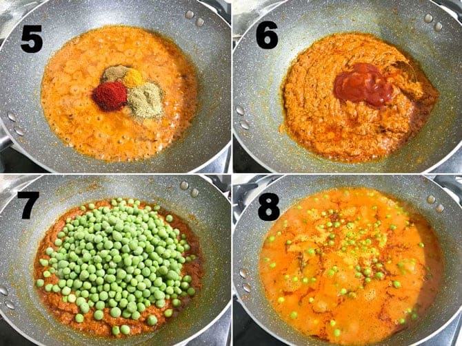 Step by Step collage process of making matar paneer recipe on stove top.