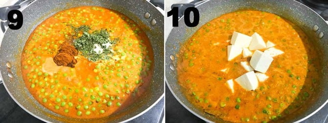 Step by Step collage process of making matar paneer recipe on stove top.