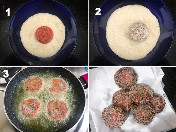 Step by Step collage of process to coat the vegetable cutlet with semolina or rava and frying it.