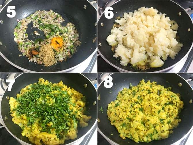 Step by Step picture collage of making potato stuffing for bread pakora.