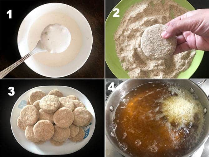 Step by Step collage to coat the veg patties with bread crumbs and deep frying it.