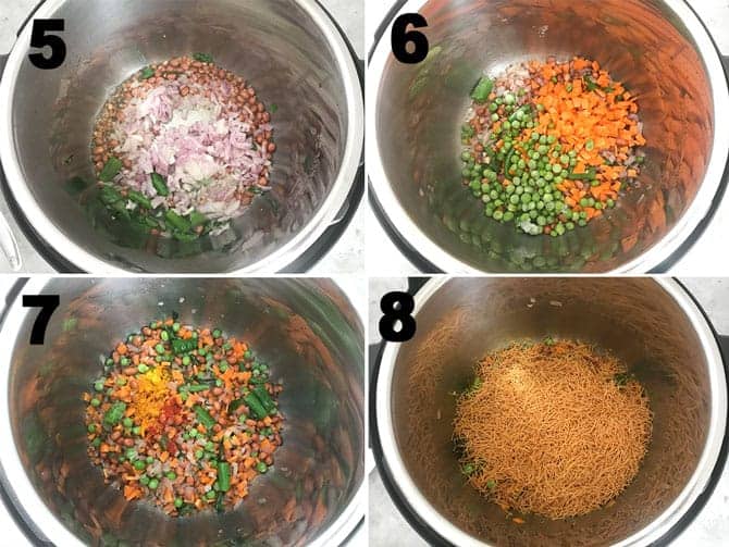Step by Step collage process to make vegetable vermicelli upma in instant pot.