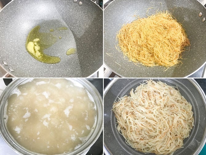 Step by Step collage process to boil vermicelli for the making of upma.