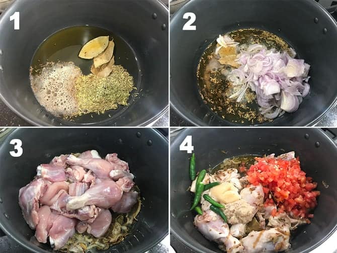 Step by step collage of the process to make chicken pulao recipe on stove top.