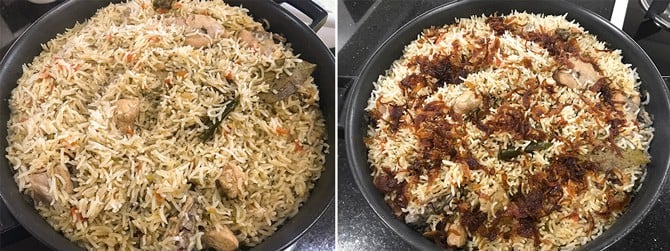 Cooked chicken pulao in a pot.