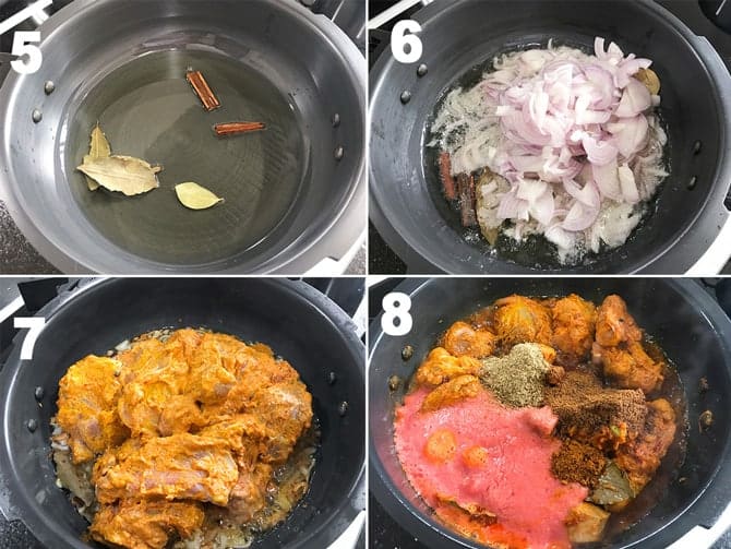 Step by Step collage for the process of making mutton curry in pressure cooker on stove top.