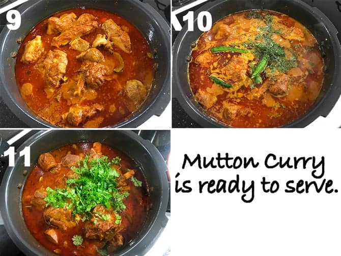 Step by Step collage for the process of making mutton curry recipe in pressure cooker on stove top.