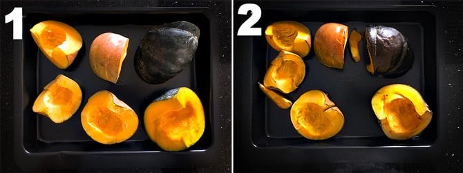 Step by step picture collage of the process to make pumpkin puree in oven.