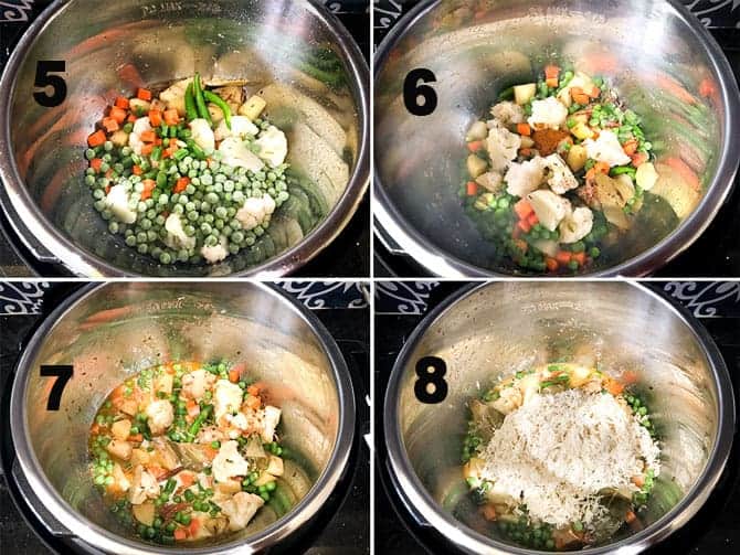 Step by Step collage of the process for the making of vegetable pulao in instant pot.