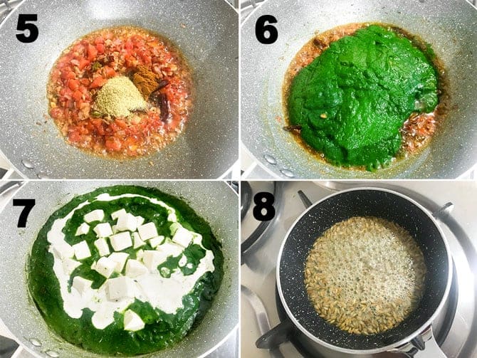 Step by step picture collage to make palak paneer curry.