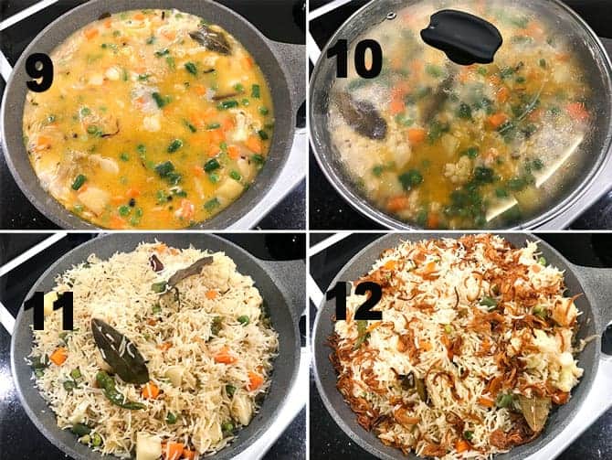 Step by Step collage of the process for the making of pulao in pot on stove top.