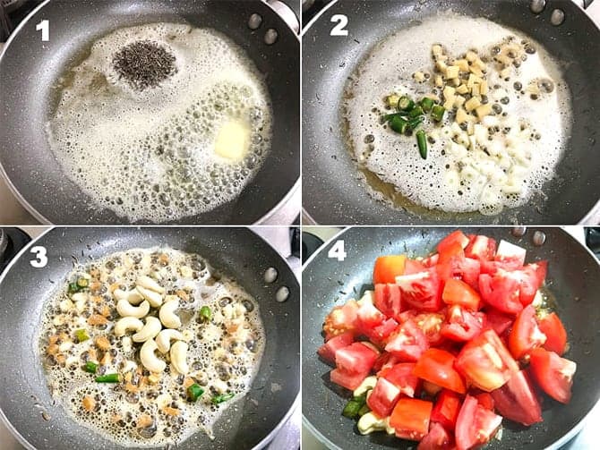 Step by Step picture collage of making of paneer butter masala in pan on stove top.